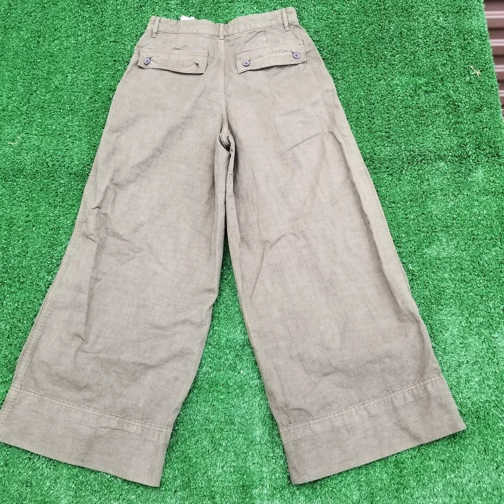 Everlane Wide Leg Pants Womens 4 Brown / Green Linen Blend Seamed High Rise Crop